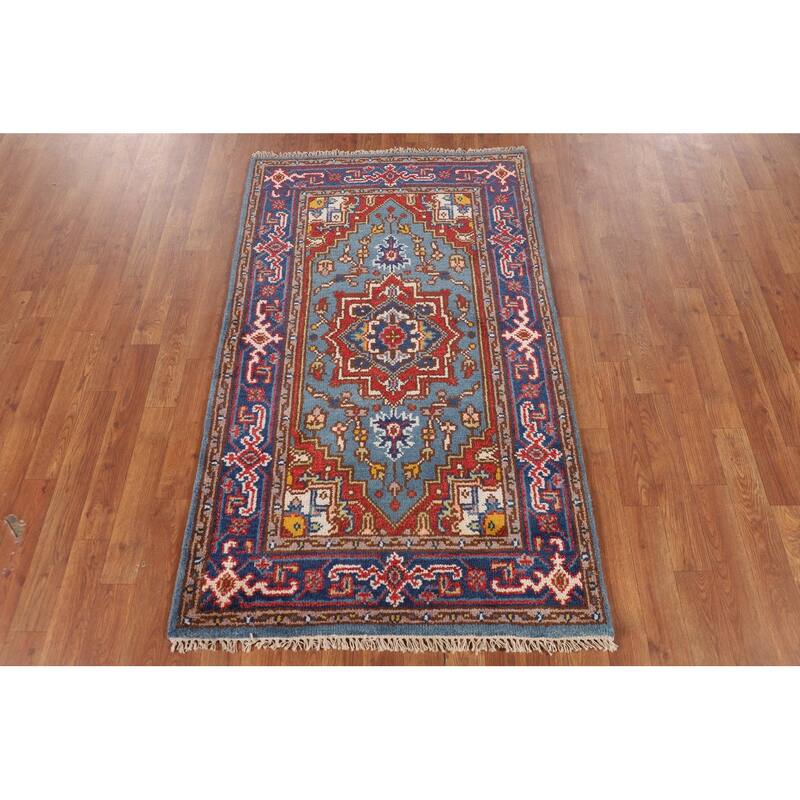 Blue Geometric Heriz Serapi Oriental Foyer Rug Handmade Wool Carpet - 3'0"x 5'0"