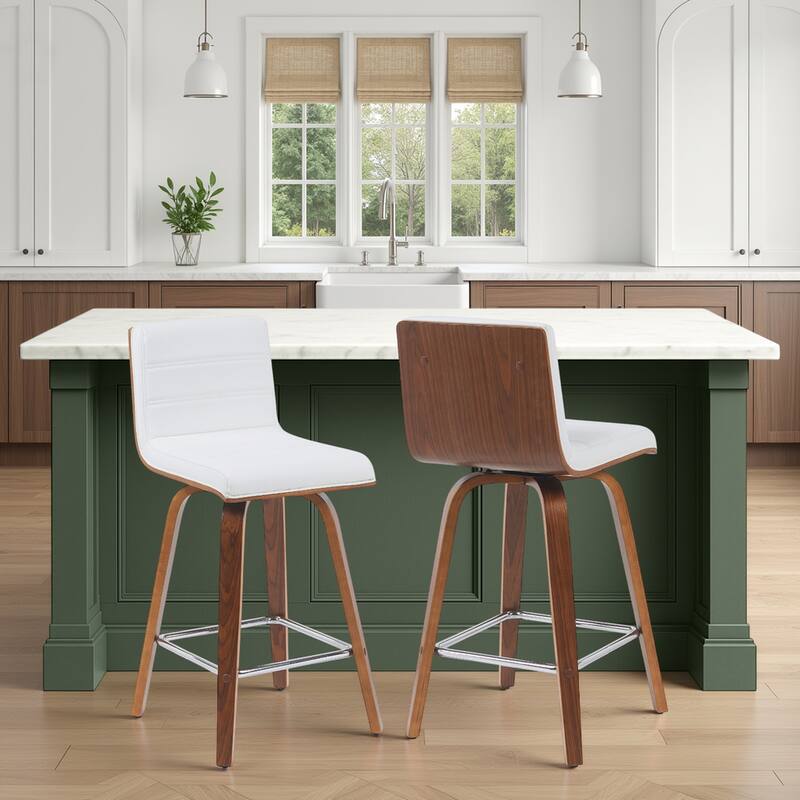 Skara Mid-Century Swivel Counter Stool, Upholstered Counter Height Chair with Bentwood Legs - White Faux Leather & Walnut - Set of 2