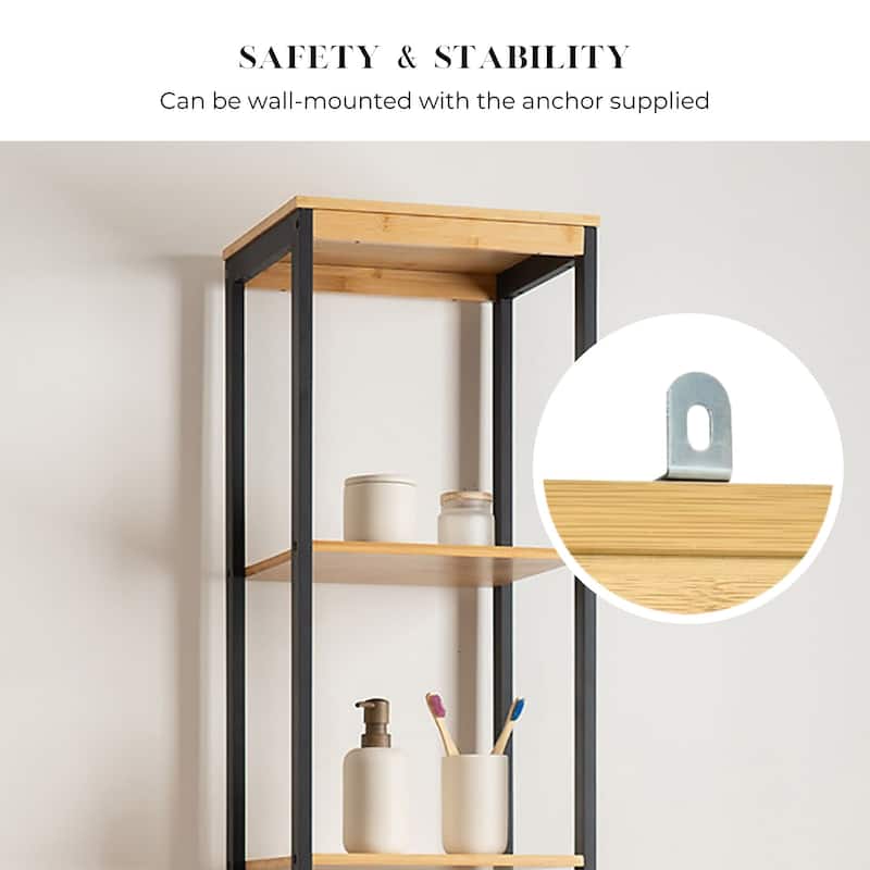 Natural Slim Storage Cabinet with Shelves, Modern Black Frame - 13.4"L x 12"W x 68"H