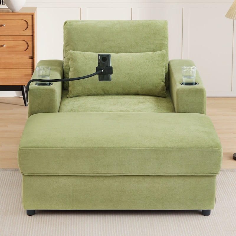 Modern Style Armchair with a Movable Storage Ottoman, Two USB Ports, Two Cup Holders, a Phone Holder and Side Pockets