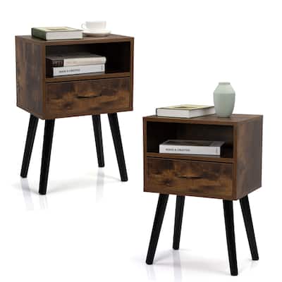 Wood Nightstand (2 Set), Storage Cabinet End Table w/ Drawer and Shelf