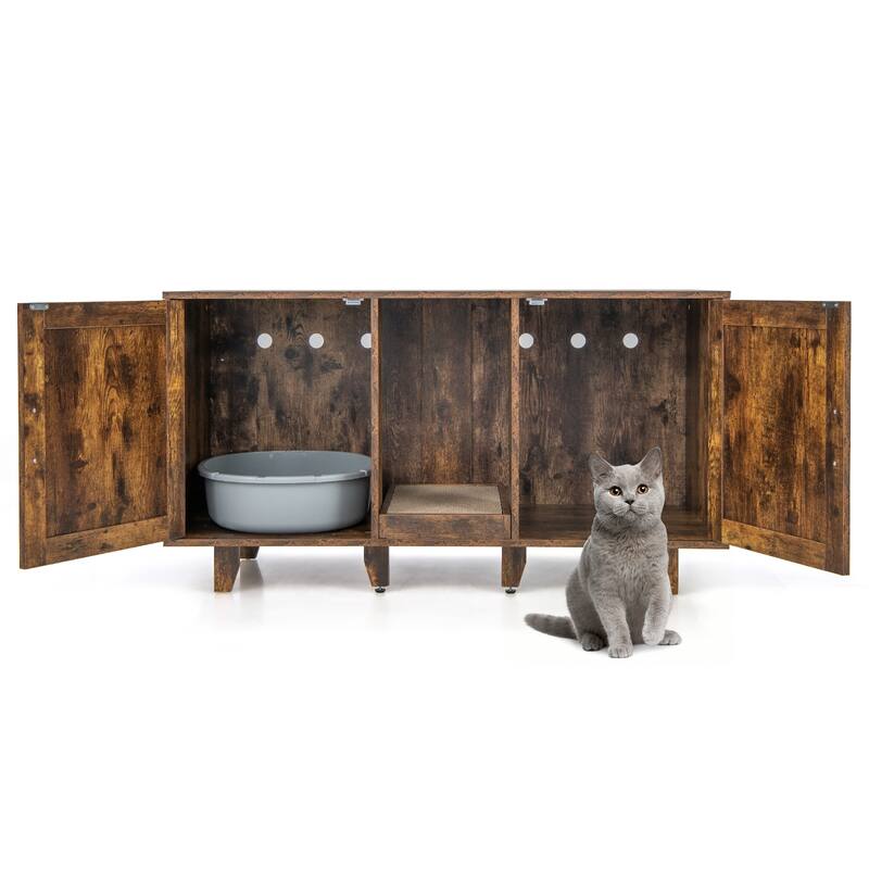 2-Door Cat Litter Box Enclosure with Winding Entry and Scratching Board