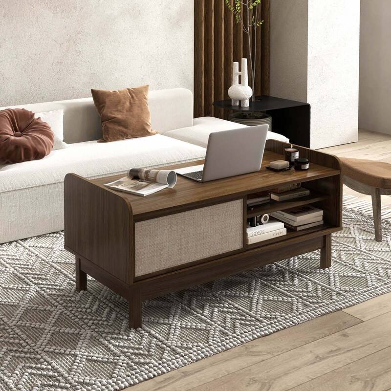 Costway Rectangular Coffee Table with Storage Weaving Sliding Door & - See Details