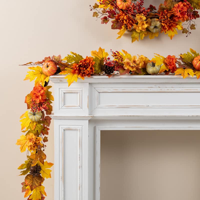 Glitzhome 72"L Fall Thanksgiving Dahlia Pumpkin Berry Eucalyptus Floral Artificial Garland