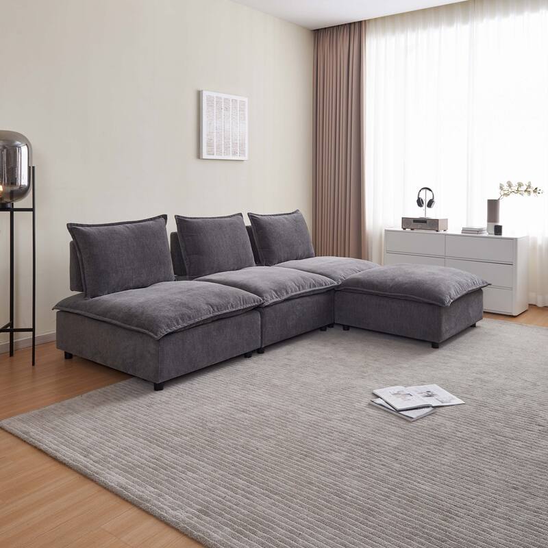 Gray 104" Chenille Upholstered Armless L-Shaped Modular Sectional Sofa with Moveable Ottoman, Free Combination Design - Gray