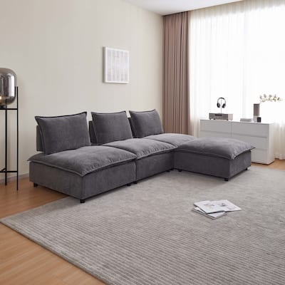 Gray 104" Chenille Upholstered Armless L-Shaped Modular Sectional Sofa with Moveable Ottoman, Free Combination Design