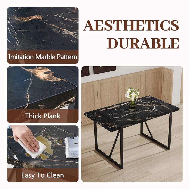 Roomfitters 5pcs Black Marble MDF Dining Table Set with Stripe Backrest PU Chairs, Kitchen or Dining Use, Gray