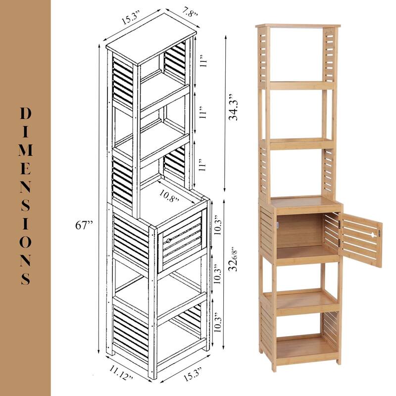 Tall Bathroom Storage Cabinet with Multiple Shelves and Vented Door, Natural - Trinidad Collection - 13 7/8"L x 10.4"W x 68"H
