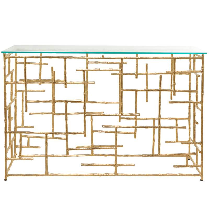 Gold Aluminum Metal Grid Style Frame Geometric Console Table with Clear Glass Top