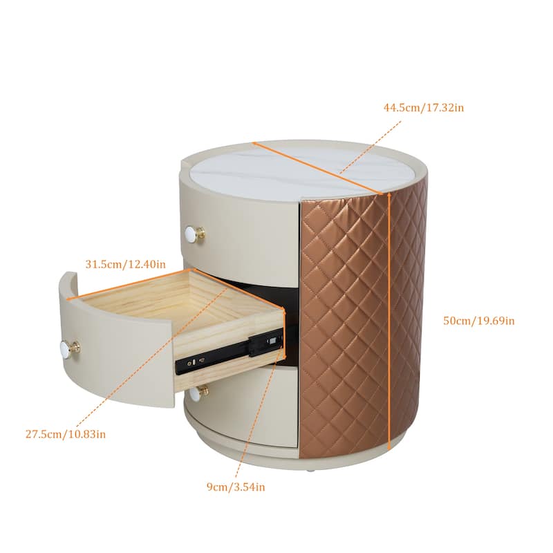 Round Bedroom Nightstand Bedside Table with 3 Drawers No Assembly Storage Unit