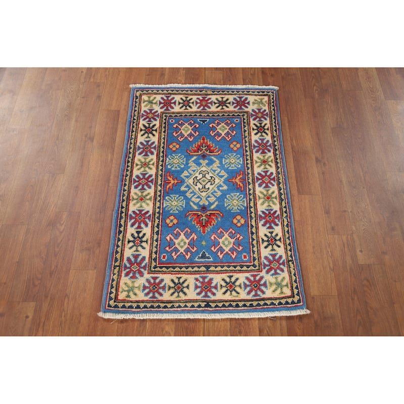 Blue Geometric Kazak Rug Hand-Knotted Oriental Wool Carpet - 2'0" x 2'11"