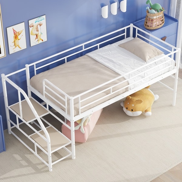 slide 2 of 17, Metal Low Loft Bed with Underneath Play and Storage Spaces for Kids, Metal Loft Bedframe with Staircase and Guardrail White - Twin