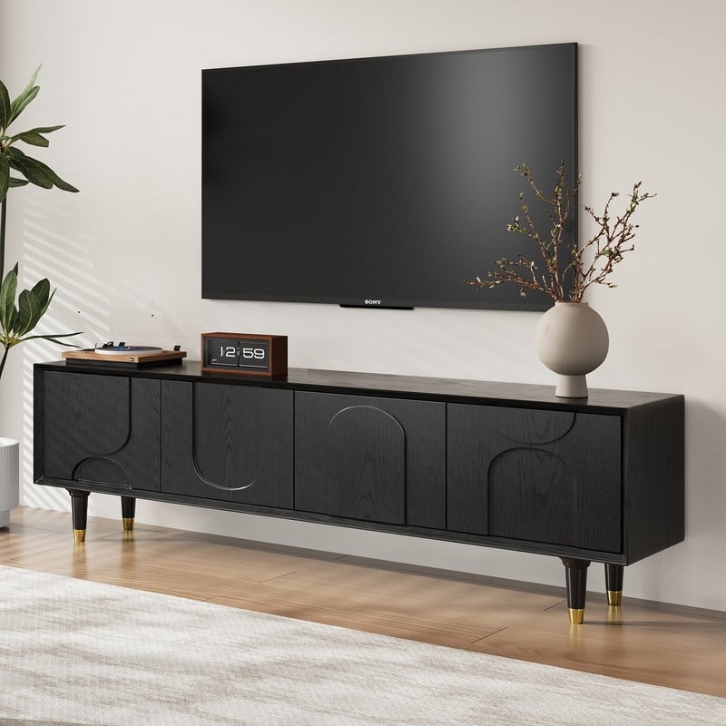 71" Black Mid-Century Modern TV Stand for 75 Inch TV, Media Console Entertainment Center with 4 Doors and Solid Wood Legs