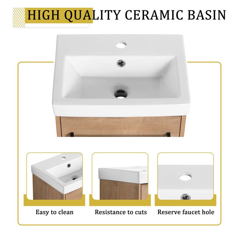 18'' Wall-Mounted Bathroom Vanity with Ceramic Sink, Soft-Close Door, and Storage for Small Spaces