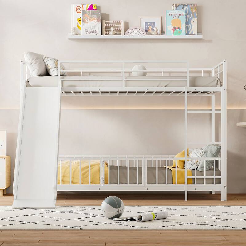 Twin over Twin Size Metal Bunk Bed with Slide and Guardrails