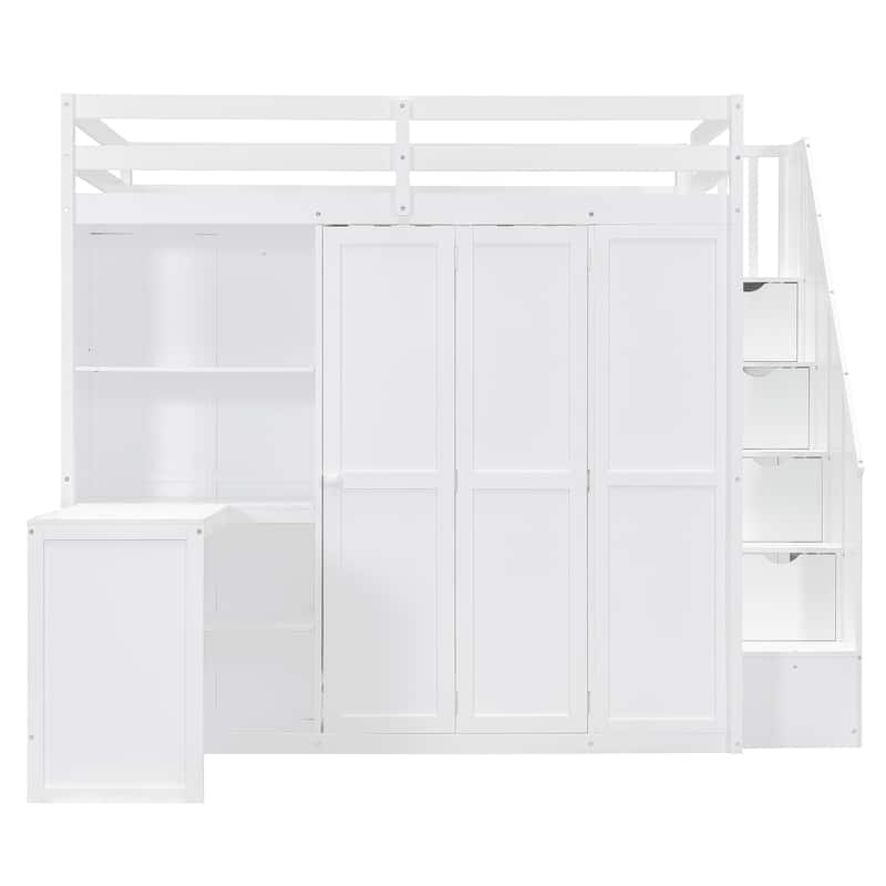 Full Size Loft Bed: Built-in Wardrobe, Desk & Shelves – Space-saving Design for Bedroom