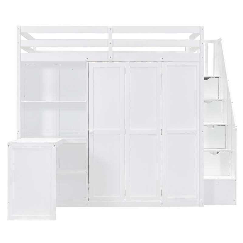 Full Size Loft Bed with Wardrobe & Desk - Space Saving Bed Frame with Built-in Shelves, for Bedroom, Dorm & Small Spaces
