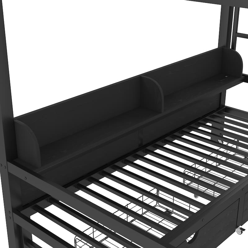 Full over Full Bunk Bed with Storage Shelves and Drawers,Multifunctional Metal Bunk Beds with USB Ports and LED Lights