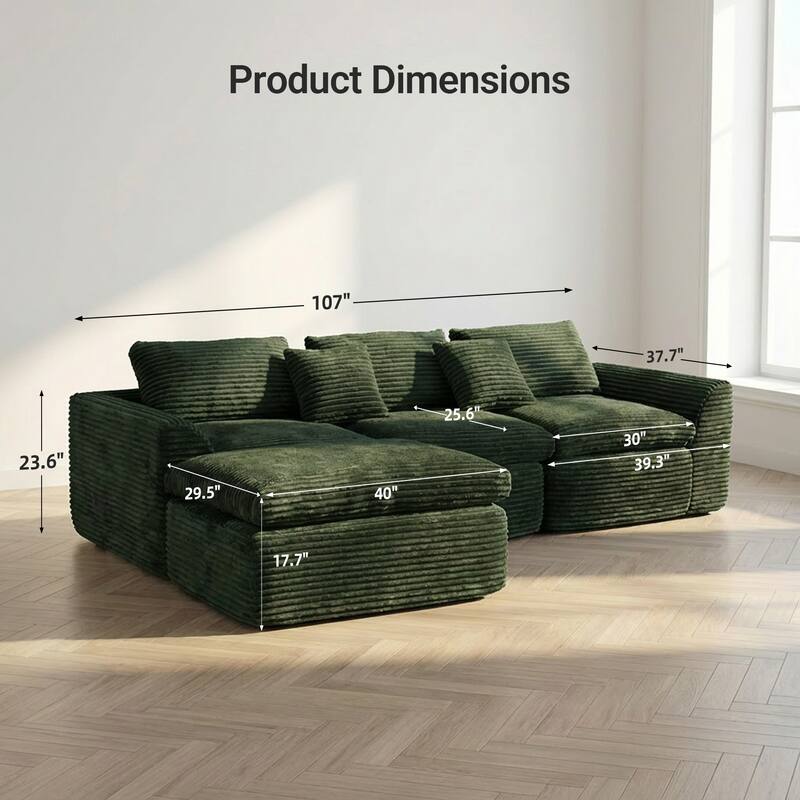 Corduroy Sectional Cloud Couch with Movable Ottoman, High-Density Boneless Sponge Sofa, L-Shape Deep Seat Corner Sofa