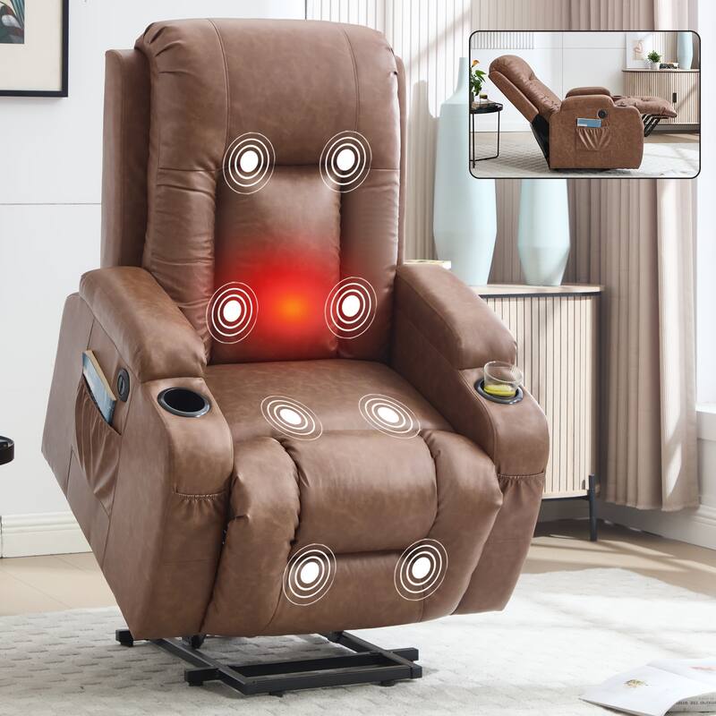 Roomfitters Heavy Duty Power Lift Recliner, PU Leather Massage Chair with Heat, USB Port and Dual Cup Holders - Brown