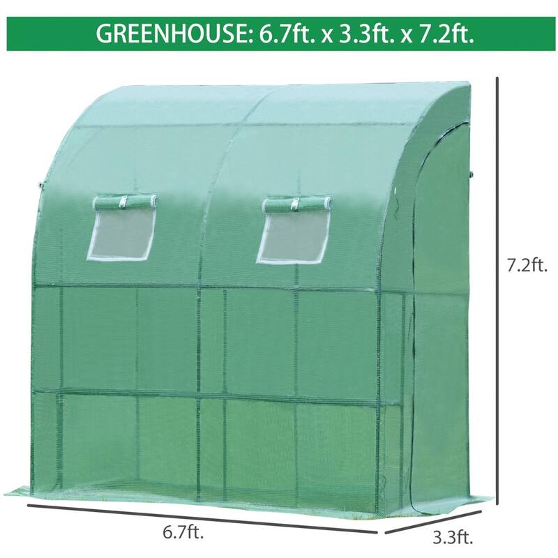 Aoodor 6.7' x 3.3' x 7.2' Lean-to Walk-in Greenhouse with Shelf and Durable PE Cover, Outdoor Garden House - 6.3 x 3.3 x 7.2 ft