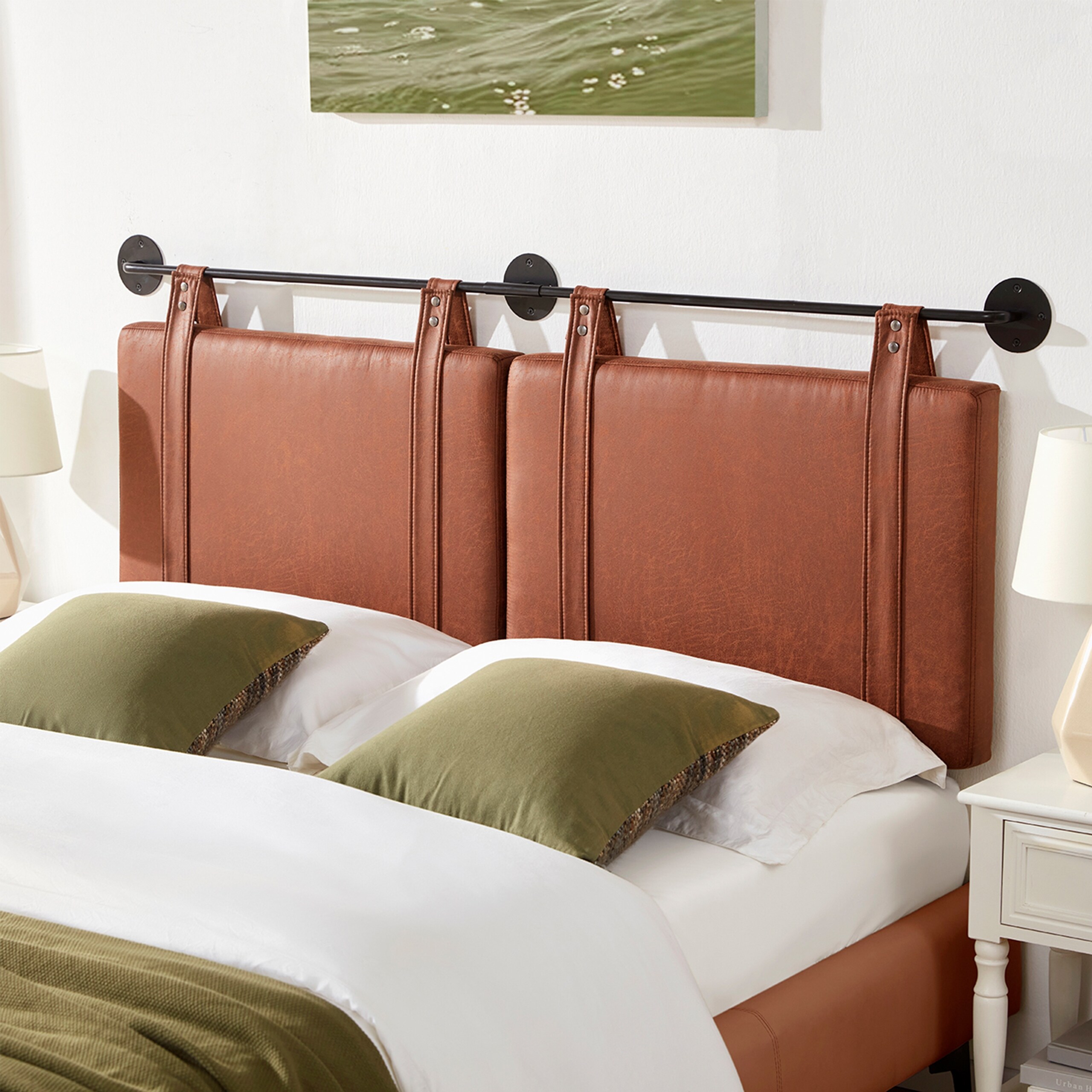 Wall Mounted Headboard King with Brown Faux Leather Straps Upholstered Headboard with Adjustable Heigh Headboard with Metal Bar On Sale Bed Bath Beyond 40553225