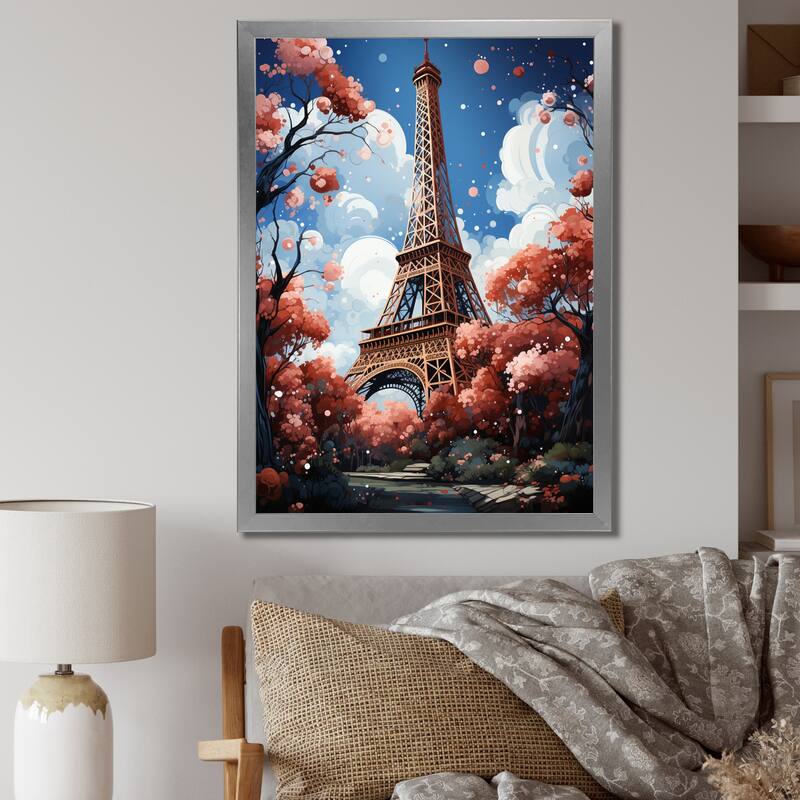 Designart "Paris In Spring Bloom I" City Paris Framed Wall Decor - 34 in. wide x 44 in. high - Silver