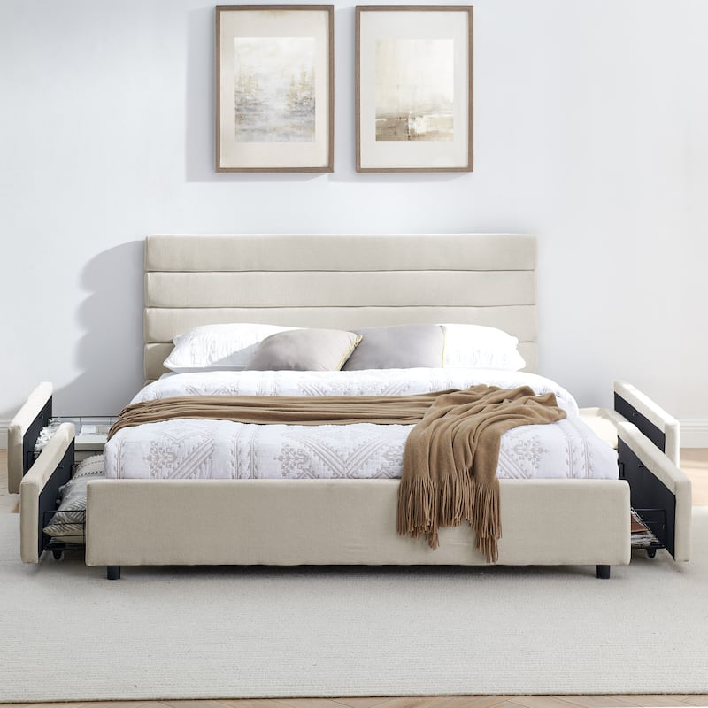 Queen Size Wood Storage Bed w/ Headboard and Solid Comfortable Cushioned Bed Frame - Black
