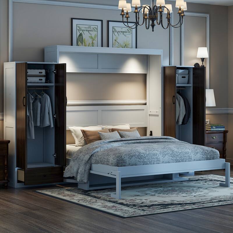 Murphy Bed Wall Bed with Wardrobe, Drawers, LED Light and Desk - White - Queen