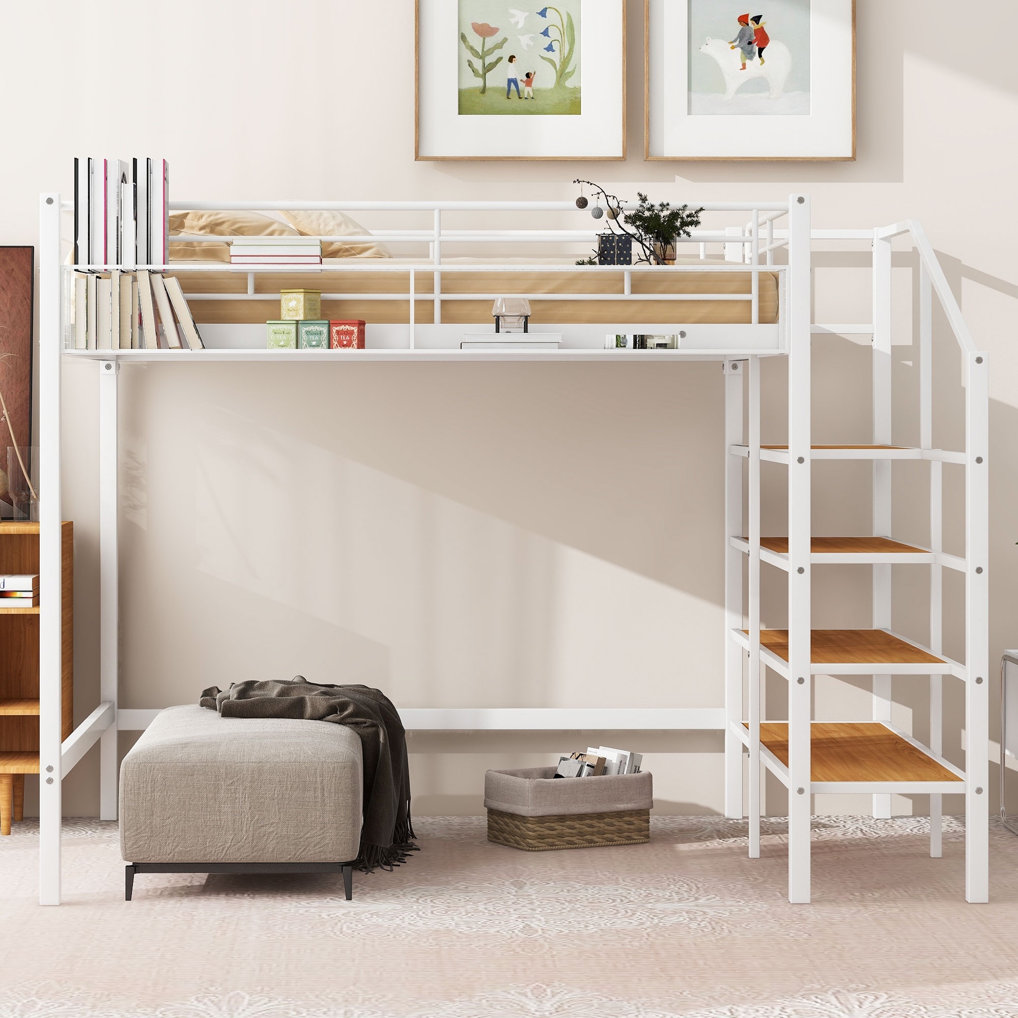 Full Size Metal Loft Bed with Storage Ladder and Grid Shelf