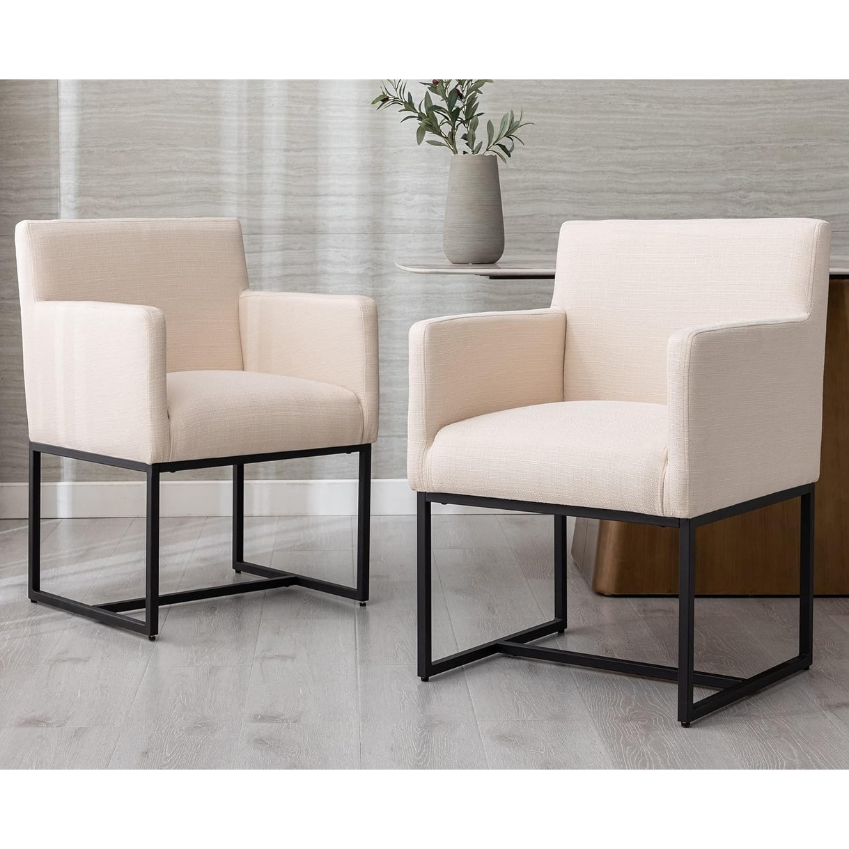 Modern Linen Upholstered Dining Chairs with Arms, Set of 2, Black Metal Frame, Cream