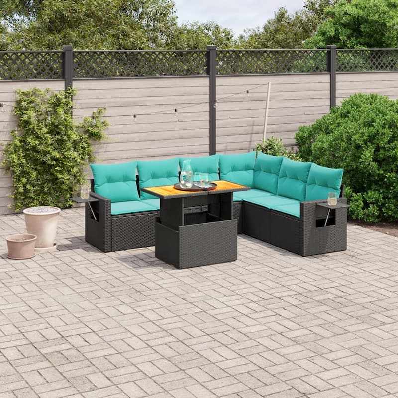 vidaXL Patio Sofa Set with Cushions Outdoor Furniture 7 Piece Poly Rattan - 24.4 x 24.4 x 27.2 - Grey-3x middle+Table+corner