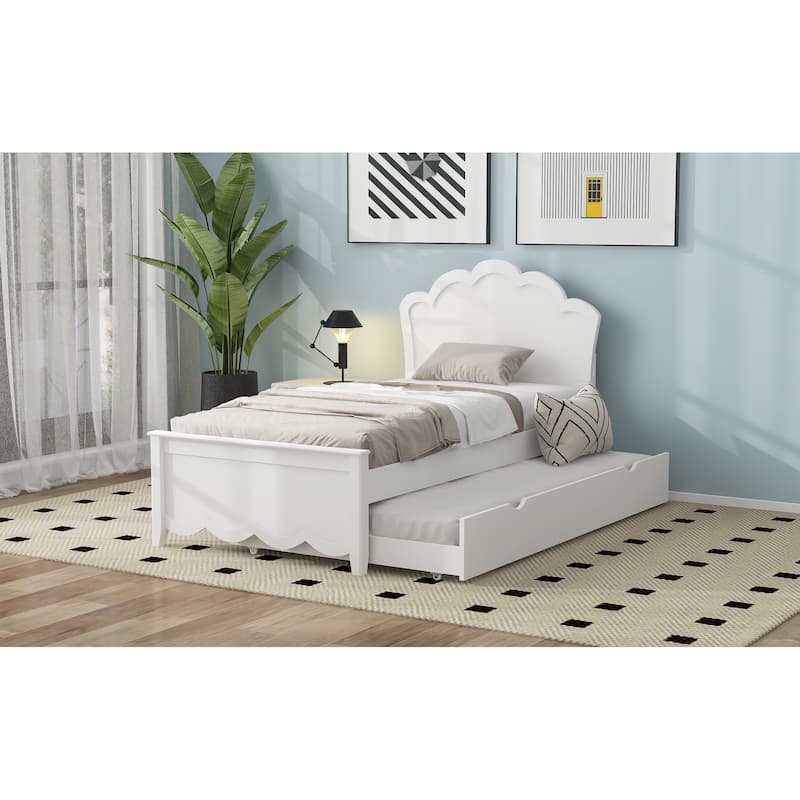 Roomfitters Wood Platform Bed with Headboard, Pull-Out Trundle and Under-Bed Storage, White