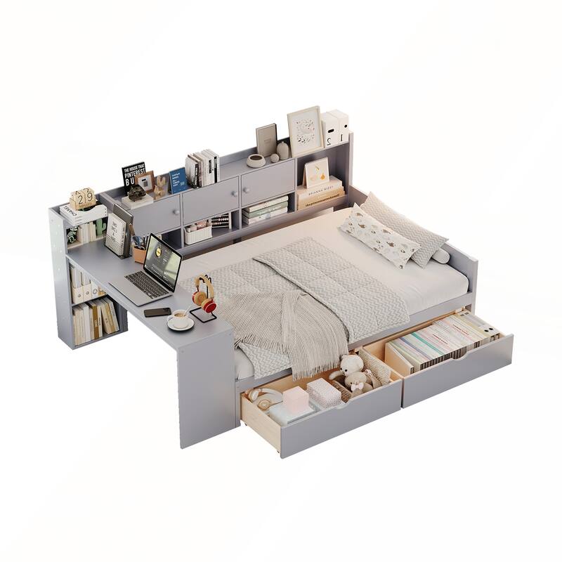 Wooden L-Shape Full Size Daybed with Study Desk and Built-in Bookshelf