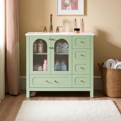 36" Modern Bathroom Vanity with Waffle Texture Glass Doors, 4 Drawers, Soft-Close Doors & Adjustable Shelf