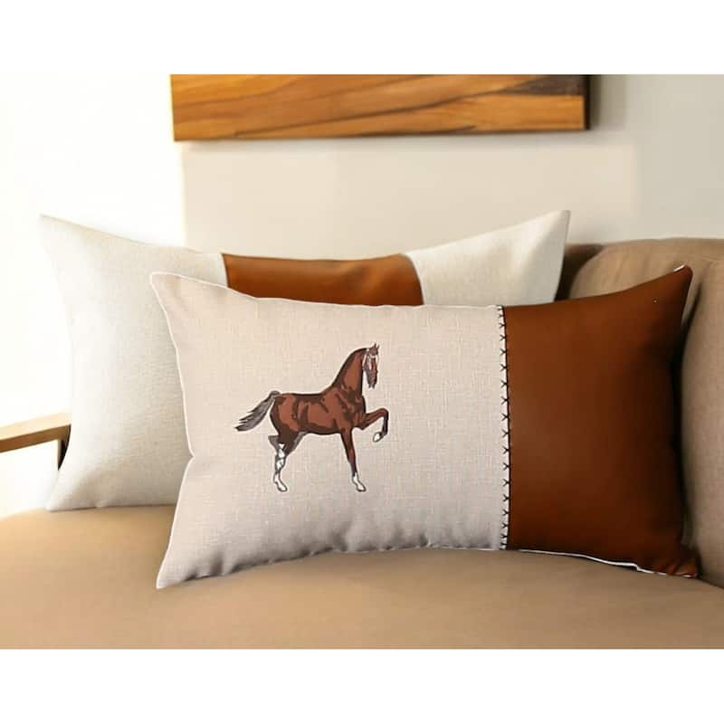 HomeRoots Set Of Two 20" X 12" Beige And Brown Horse Faux Leather Zippered Pillow With Embroidery - Bed Rest - Polyester