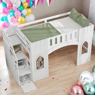 Twin Size Loft Bed with Built-in Storage Staircase and Window for Home