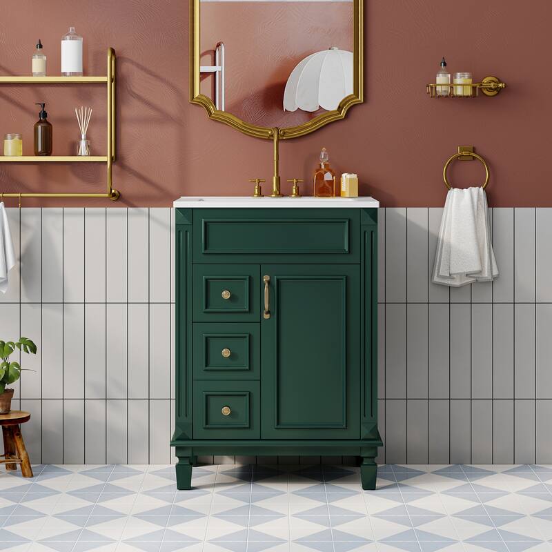 24" Bathroom Vanity with Ceramic Sink - Modern 2-Drawer Storage Cabinet, Adjustable Shelf, Space-Saving Design