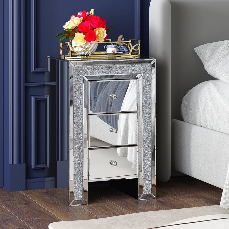 3-Drawer Accent Nightstand Diamond Side Table - Silver