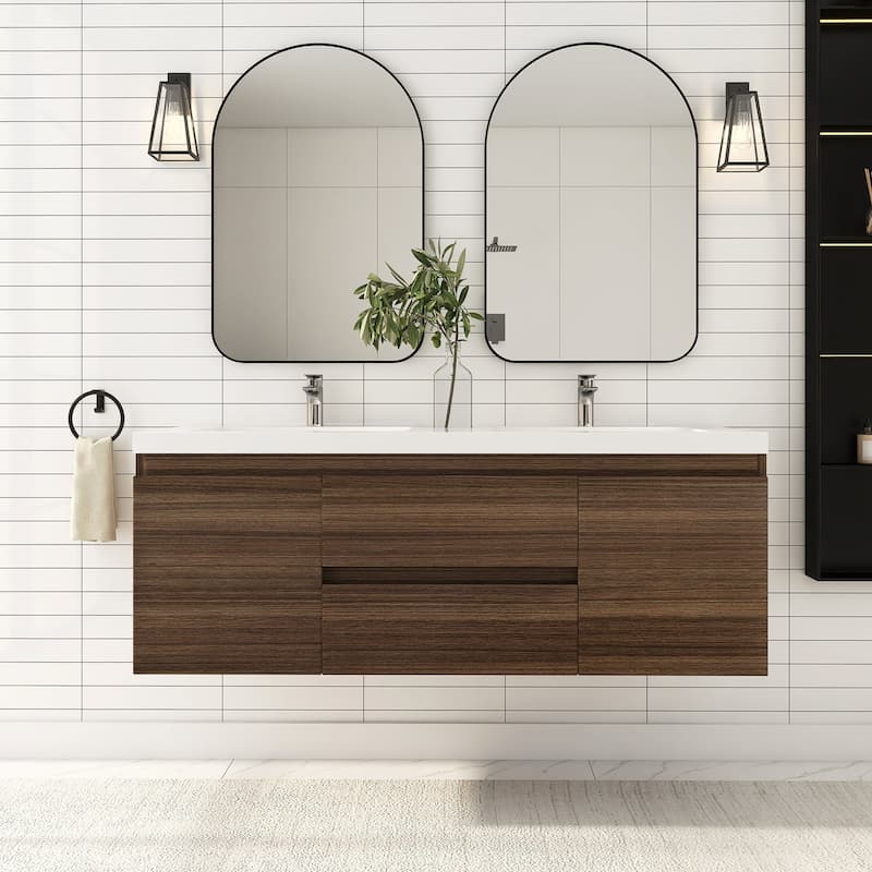 60" Wall-Mounted 2-drawer Bathroom Vanity Set with Integrated Double Sink - Grey Oak
