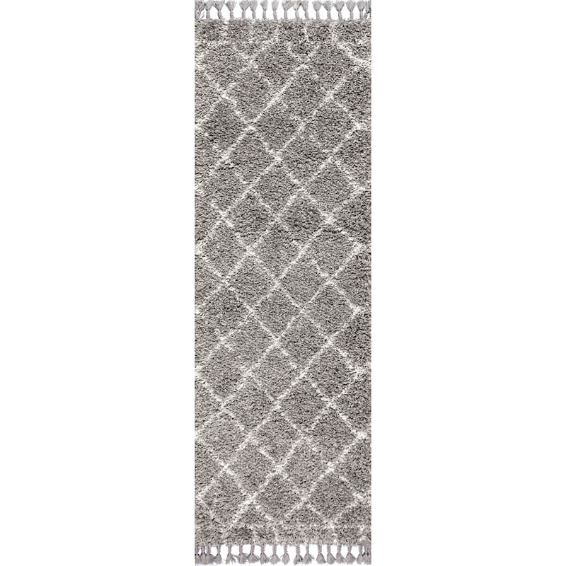 JONATHAN Y Modern Shag Plush Tassel Moroccan Geometric Trellis Area Rug - 2 X 8 - Grey/Cream