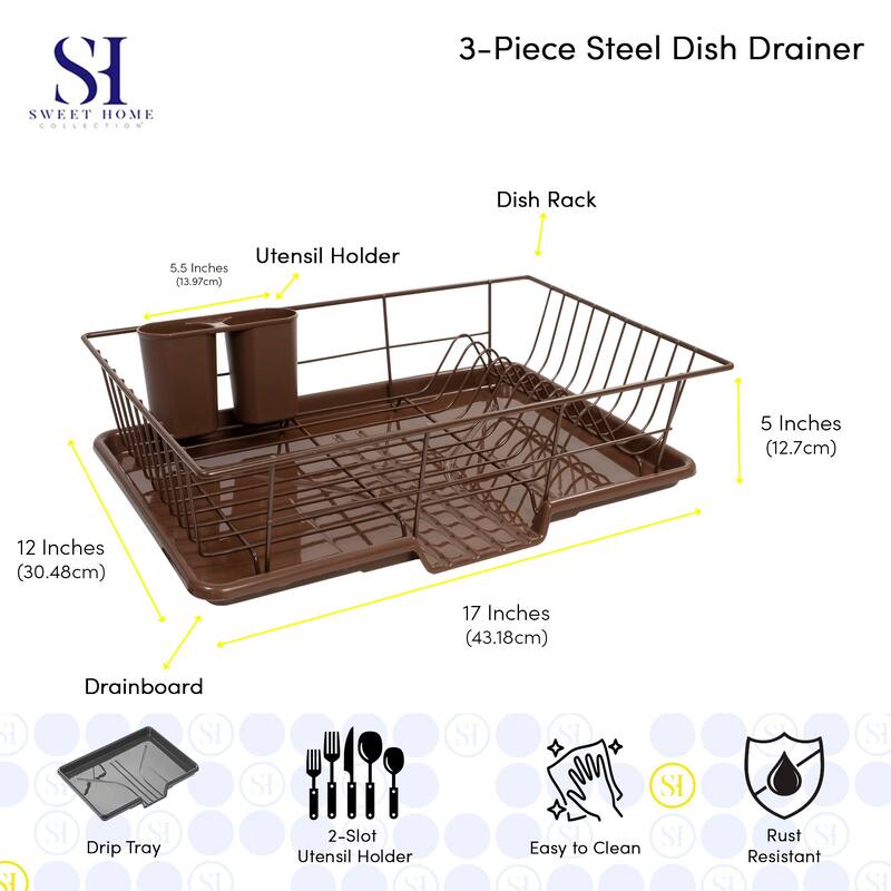 Sweet Home Collection 3-Piece Kitchen Sink Dish Drainer Set - Bronze