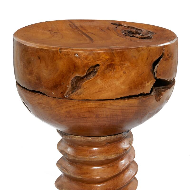Brown Teak Wood Handmade Live Edge Accent Table with Coiled Base