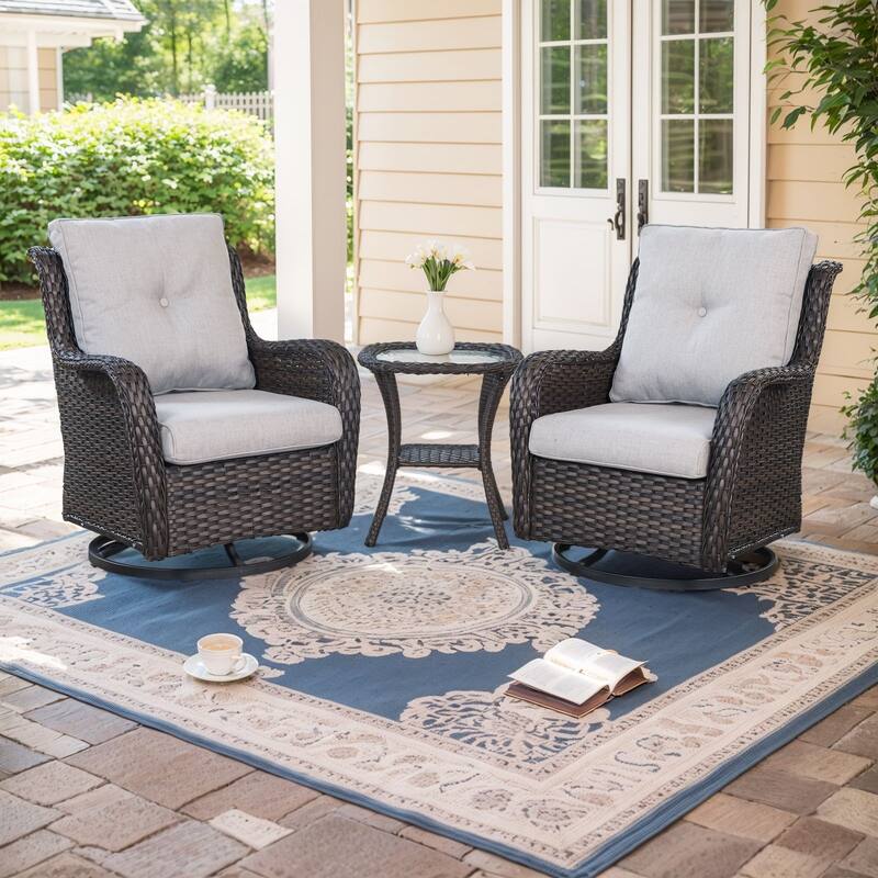 Gymojoy Wicker Swivel Glider Chair with Water-Resistant Olefin Cushions - 3-Piece with Side Table - Brown Wicker / Beige Cusion