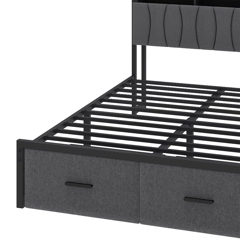 Linen Upholstered Platform Bed with Hidden Headboard Storage Charging Station and 2 Drawers