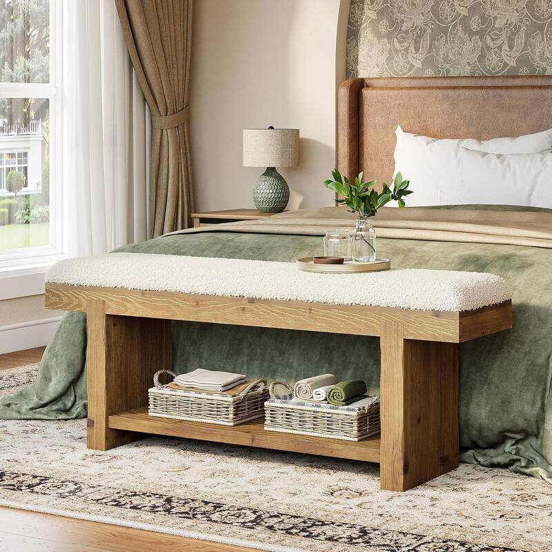 47.2" Solid Wood Entryway Bench, 2-Tier Farmhouse Upholstered Bedroom Bench