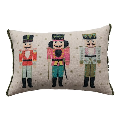 Cotton Slub Printed Lumbar Pillow with Nutcrackers, Beads and Eyelash Fringe