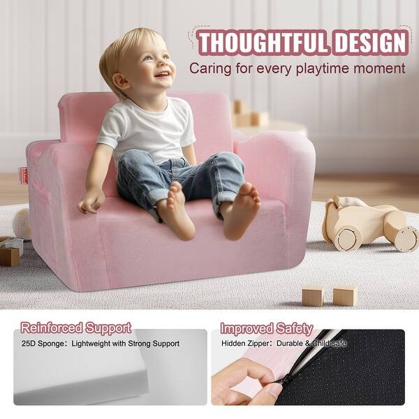 Getmo Fold Out Kids Couch - Pink 2-in-1 Toddler Sofa Bed, Princess Design, Lightweight, Folds To 19.3x14.7x17.7 Inches