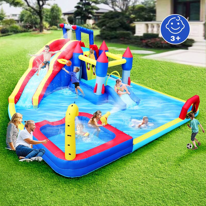 10 in1 Inflatable slide water park bouncing house garden with splash pool & water gun & basketball & climbing wall - Multicolor