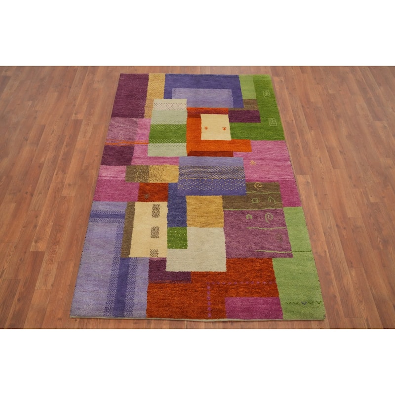Hand Knotted Oriental 100% Wool Carpet Modern Geometric Multi-Colored Gabbeh Area Rug - 6' 0'' X 4' 0''